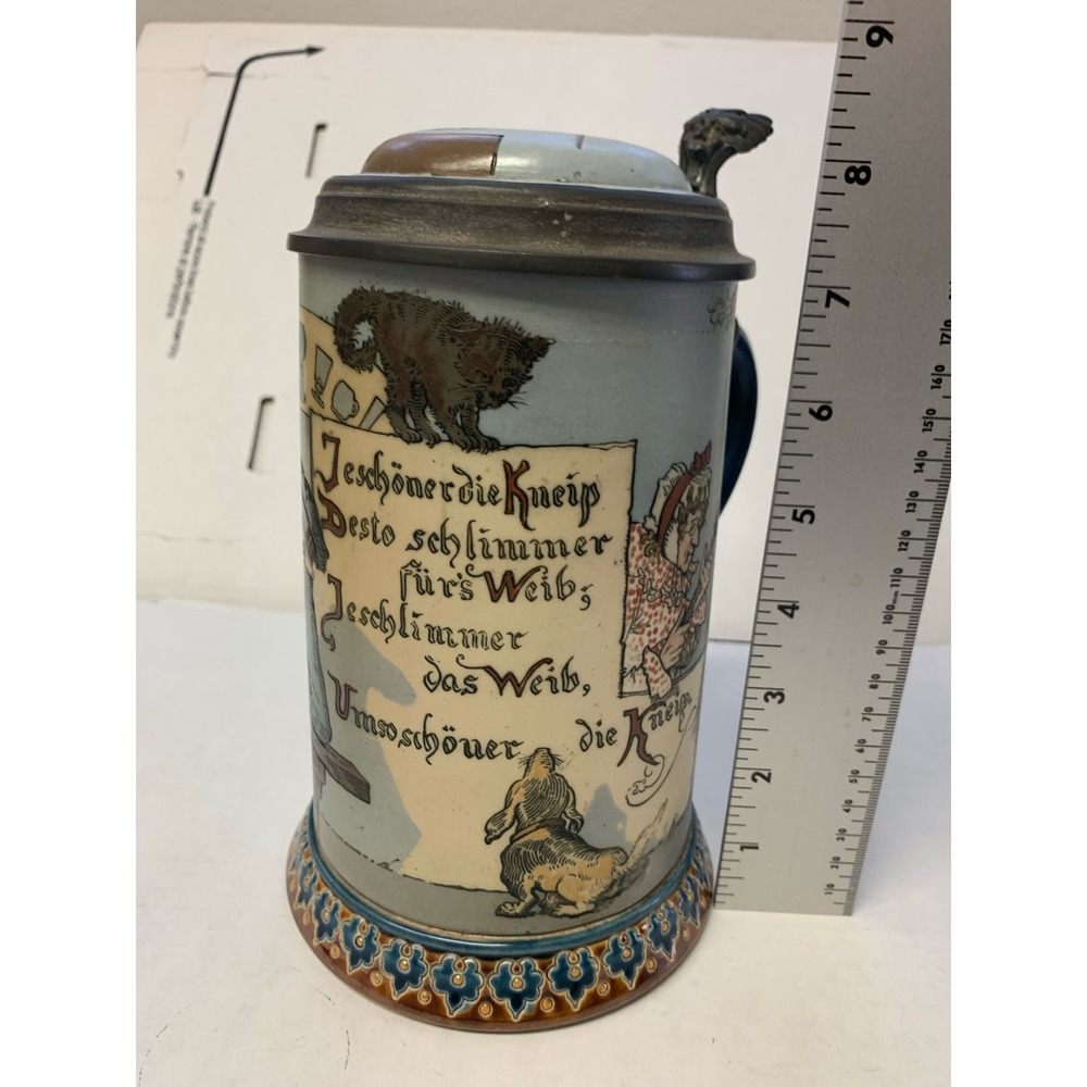 Mettlach 1898 Heinrich Schlitt Beer Stein 2090 Etched 1L Villeroy & Boch Antique